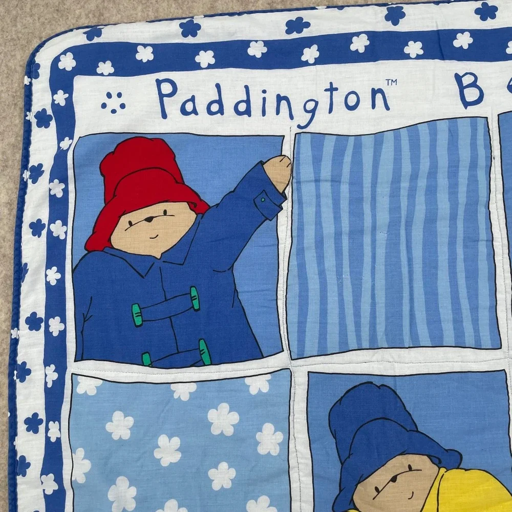 Vintage Paddington Bear Baby Quilt Blanket Blue White Floral Nursery 32x41